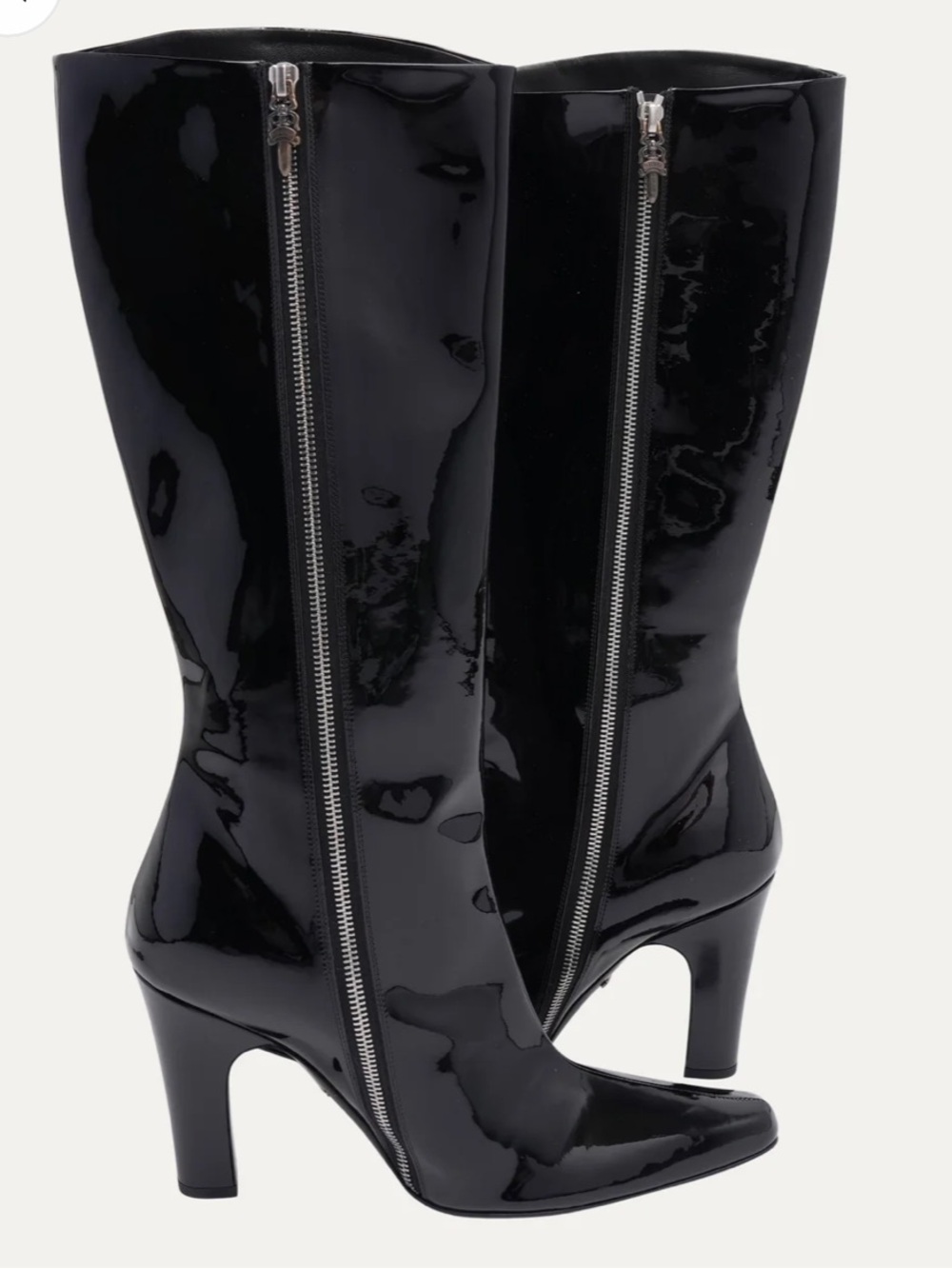 Chrome Hearts Black Patent Leather Mid-Calf Zip Heeled Boots with Silver Zipper